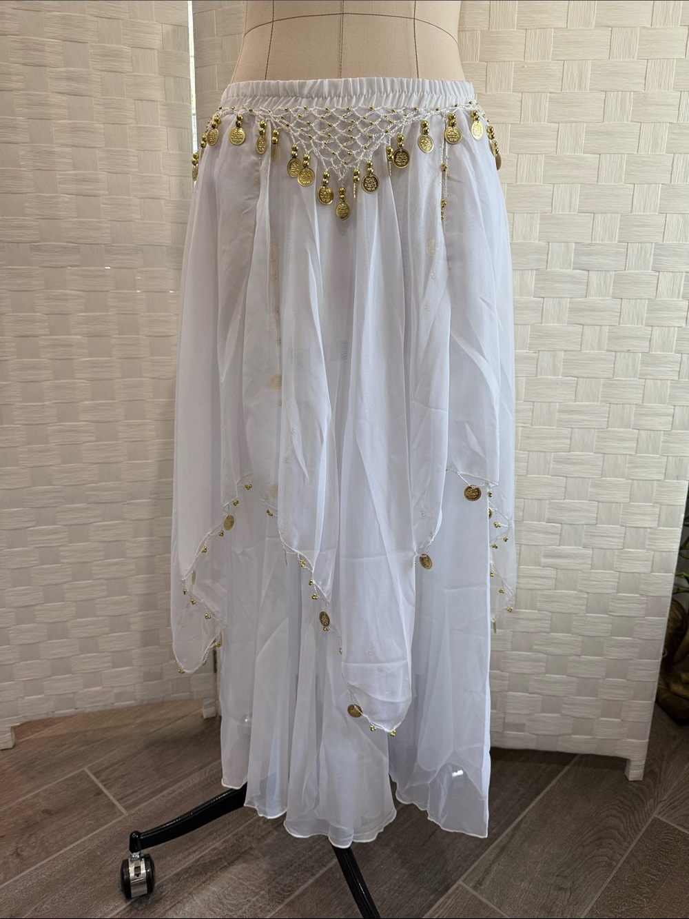 White Chiffon Belly Dance Skirt with Gold Coins